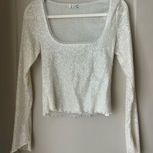 Free People Cream Sequin Long Sleeve Blouse